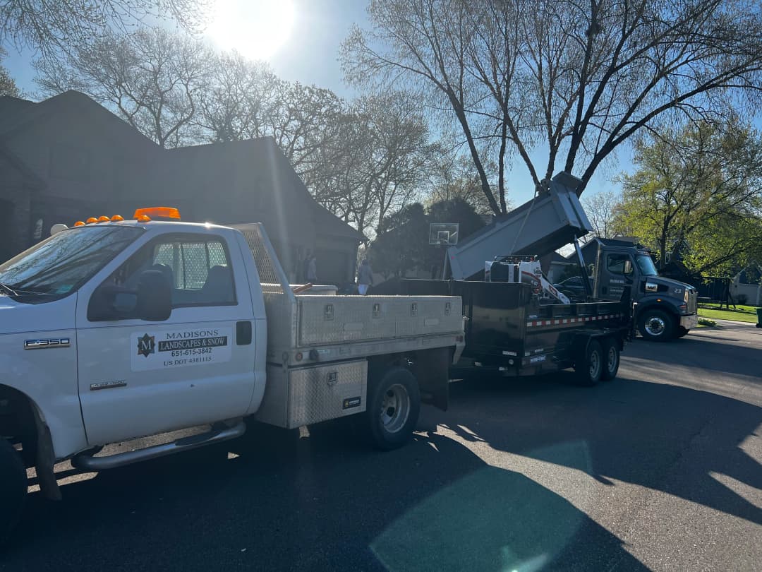 Dump truck and service truck parked on a residential street, sunny day, tree-lined background.