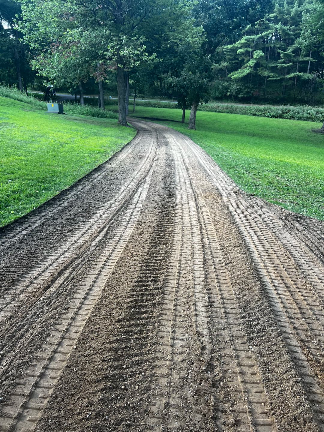 Dirt path through a green park with tire tracks and trees lining the sides.