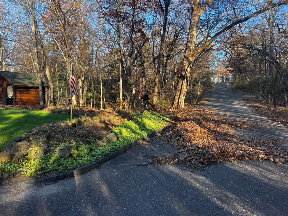 Autumn scene with fallen leaves on a road, wooden cabin, and American flag in a wooded area.